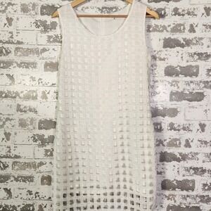 Just Me Midi White Dress Retro 60's Mod Style Sheer Lined Grid Cutout Sleeveless